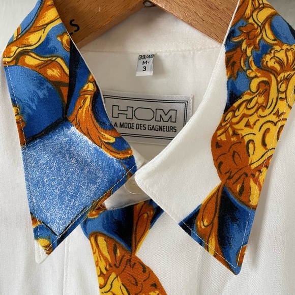 Vintage Hom La Mode Des Gagneurs Tie Print Shirt Size M 46” White Multi Quirky - Picture 4 of 10